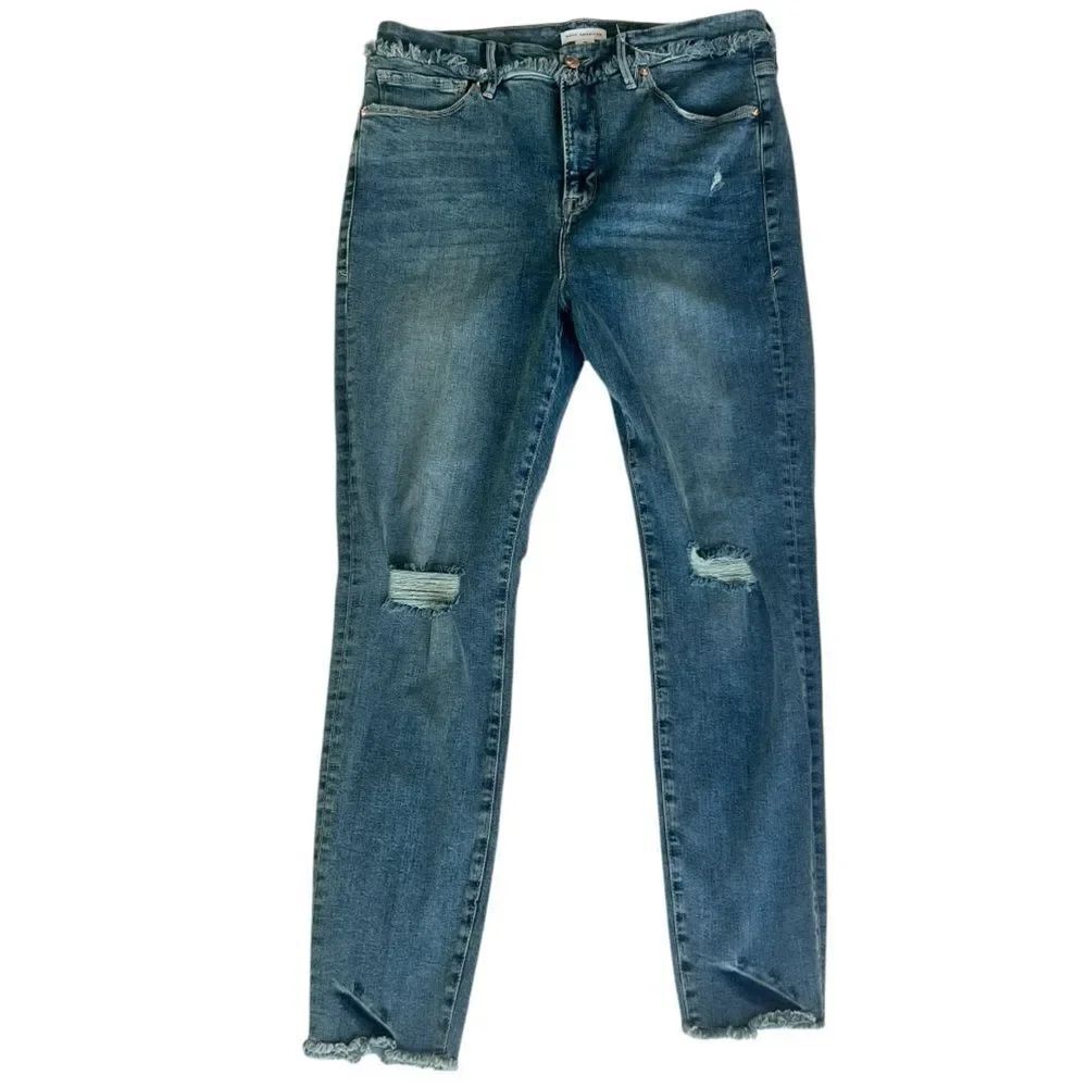 Good American High Rise Fringe Trim Straight Leg Distressed Light Rinse Jeans 16